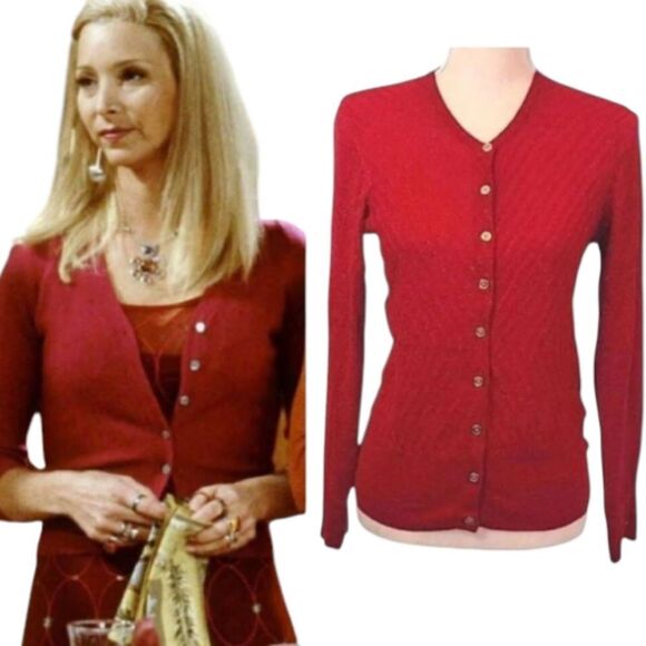 Dana Buchman Red Metallic Gold Chevron Knit Button Up Cardigan Medium - Picture 1 of 15